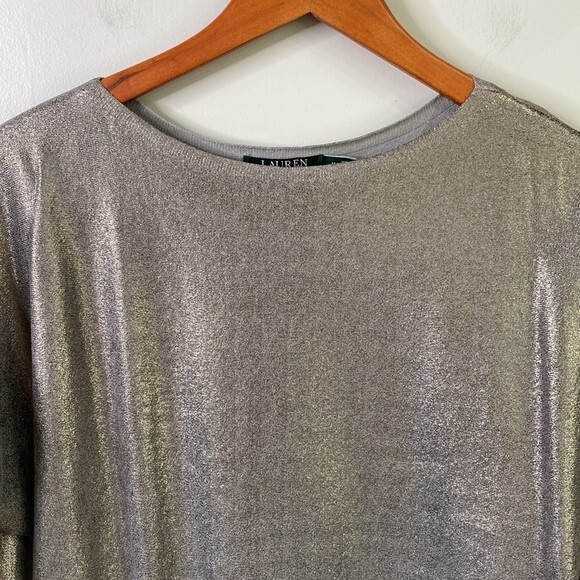 Lauren Ralph Lauren Silver Metallic Sweater Top Dolman Long Sleeve Pull Over - Picture 6 of 16